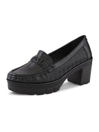Textured Upper Accent Chunky Platform Block Heel Loafers
