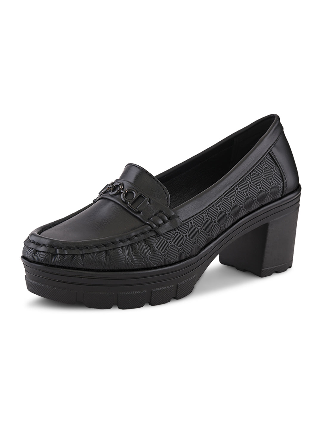 Textured Upper Accent Chunky Platform Block Heel Loafers