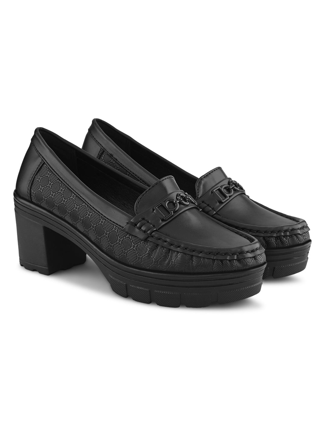 Textured Upper Accent Chunky Platform Block Heel Loafers