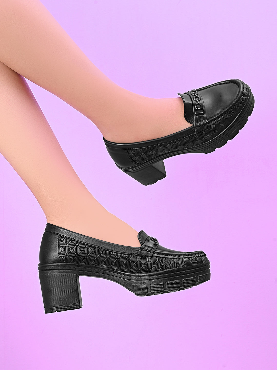 Textured Upper Accent Chunky Platform Block Heel Loafers