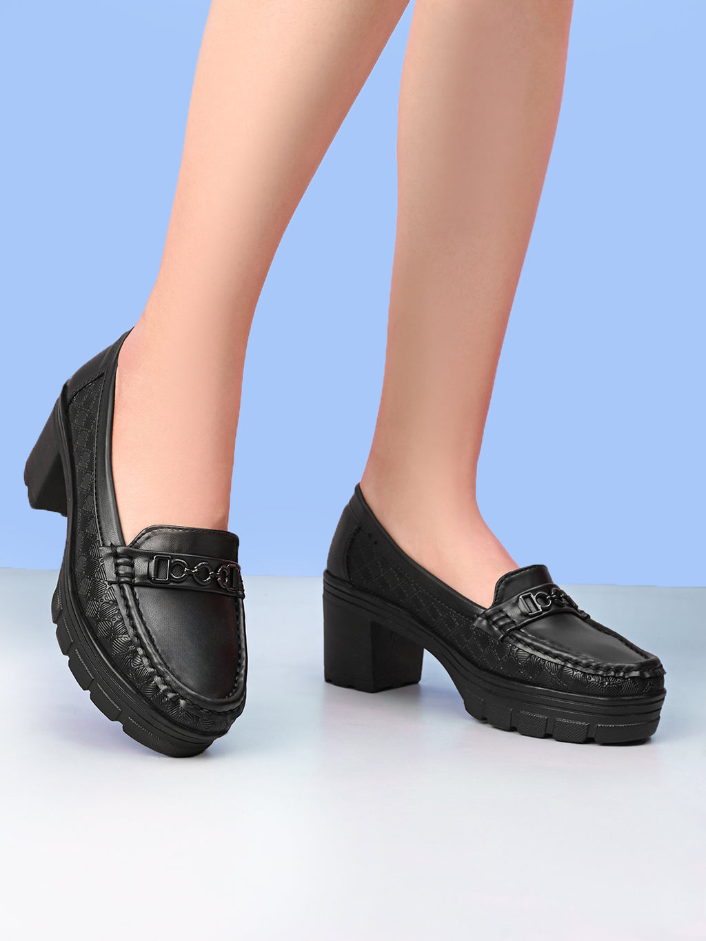 Textured Upper Accent Chunky Platform Block Heel Loafers