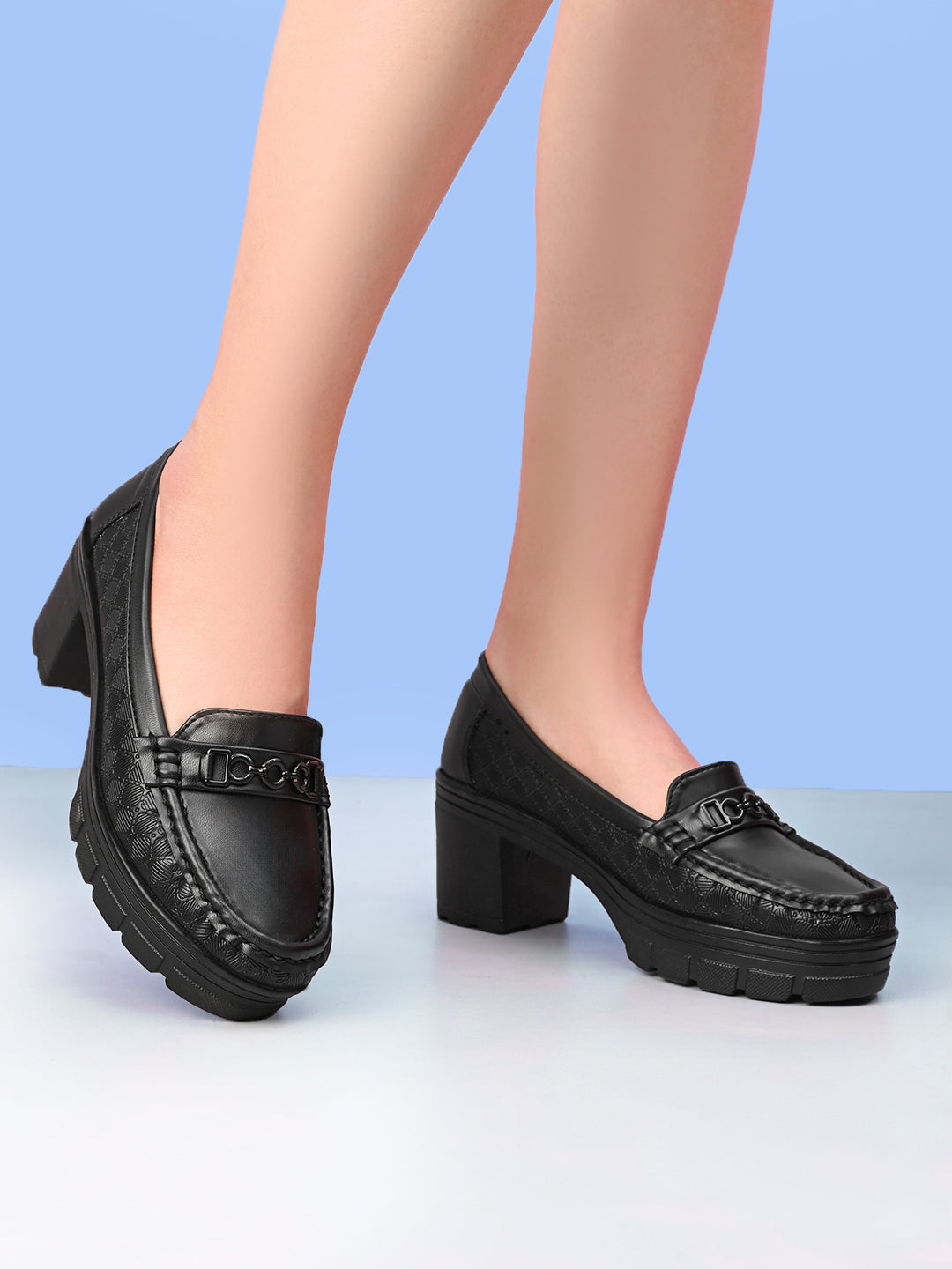 Textured Upper Accent Chunky Platform Block Heel Loafers