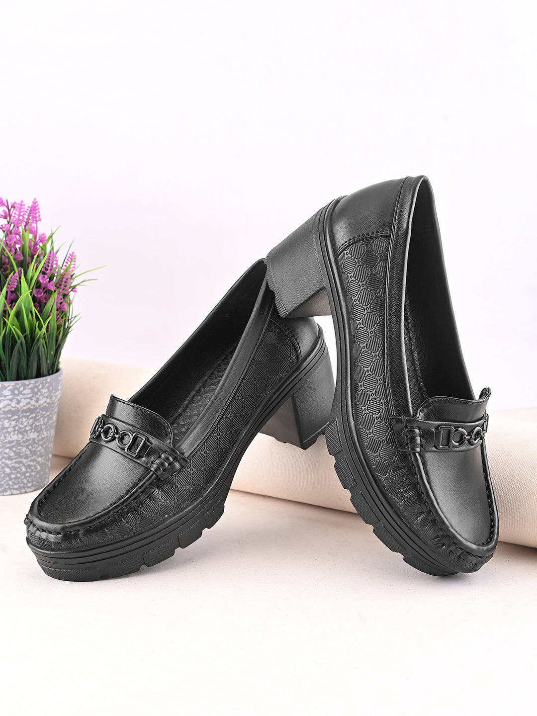 Textured Upper Accent Chunky Platform Block Heel Loafers