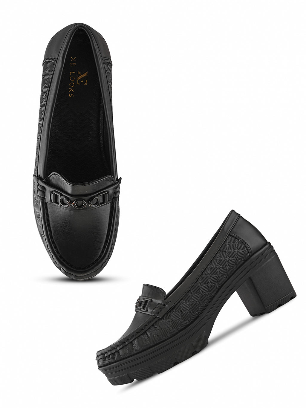 Textured Upper Accent Chunky Platform Block Heel Loafers