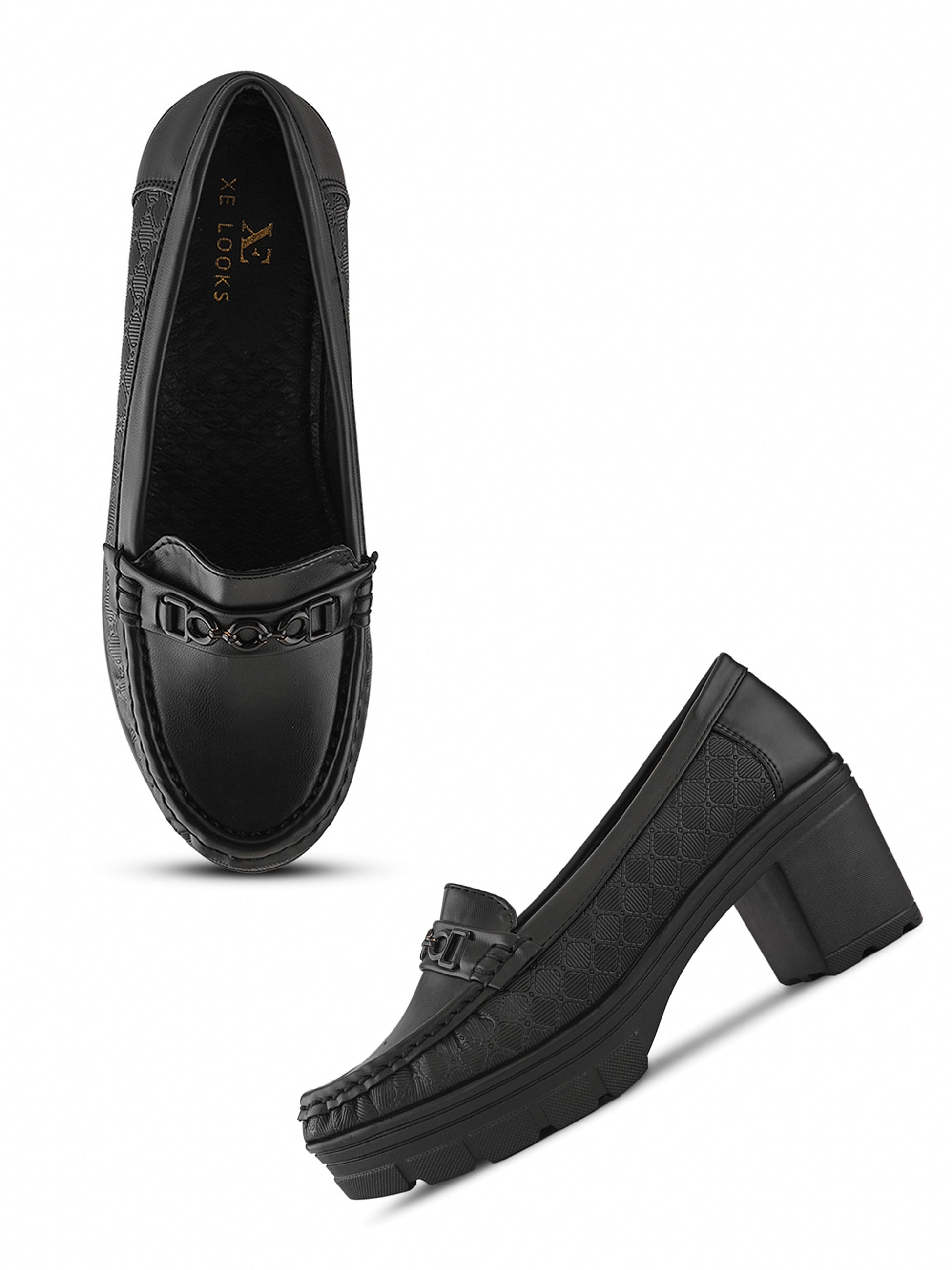 Textured Upper Accent Chunky Platform Block Heel Loafers
