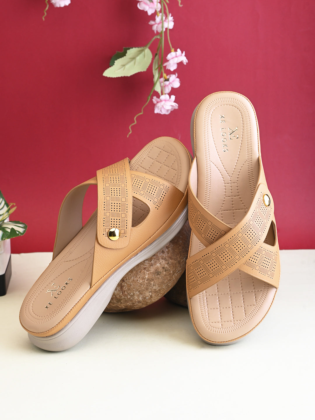 Textured Cross Strap Gold Accent Cushioned Comfort Platform Sandals