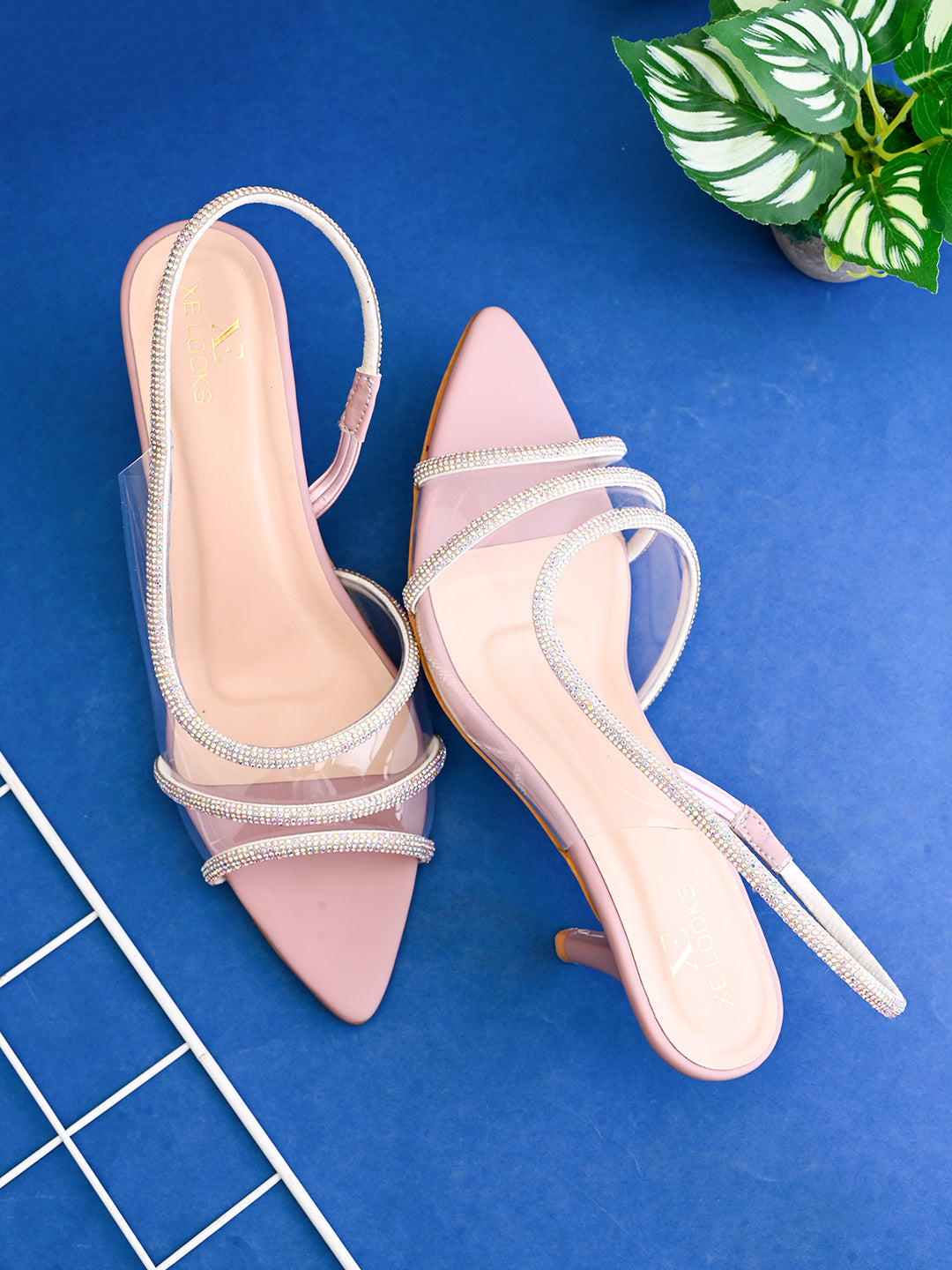 Rhinestone-Studded Clear Strap Slingback Heels