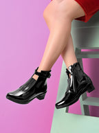 Glossy Buckle Accent Side Zipper Block Heel Ankle Boots