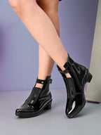 Glossy Buckle Accent Side Zipper Block Heel Ankle Boots