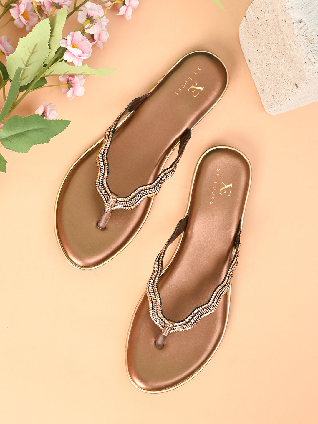 Traditional Slip-On Sandals with Stone-Styled Strap Design