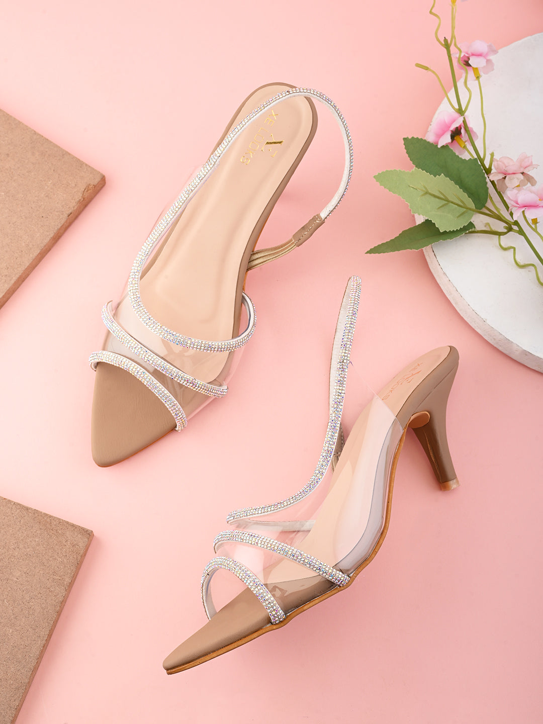 Rhinestone-Studded Clear Strap Slingback Heels