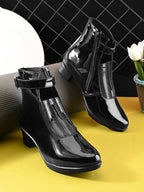 Glossy Buckle Accent Side Zipper Block Heel Ankle Boots