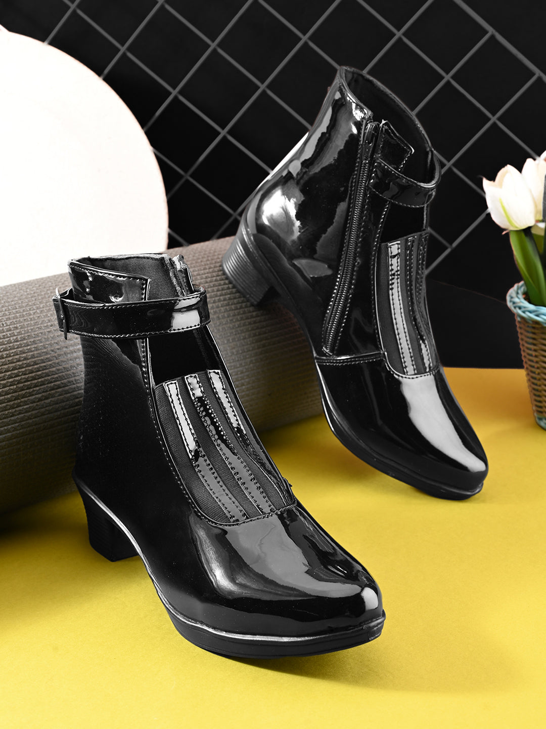 Glossy Buckle Accent Side Zipper Block Heel Ankle Boots
