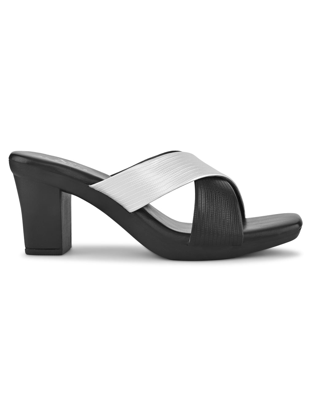TEXTURED CROSS-STRAP SQUARE TOE BLOCK HEEL MULES