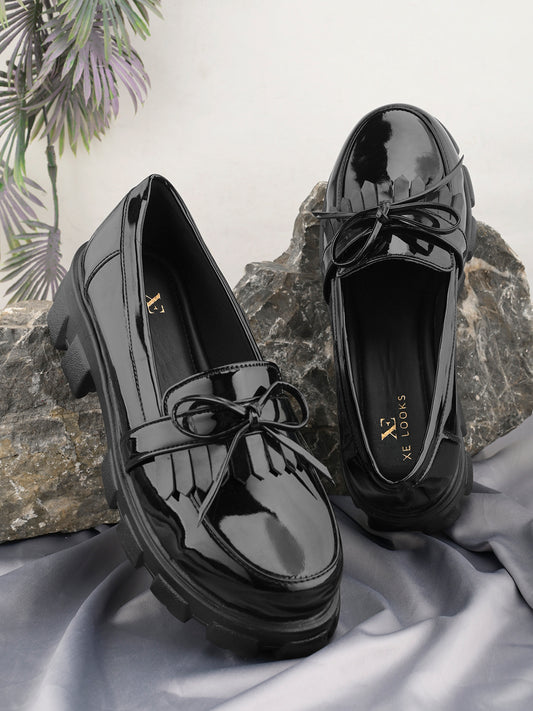 Chic Patent Leather Loafers with Bow Detail and Chunky Black Sole