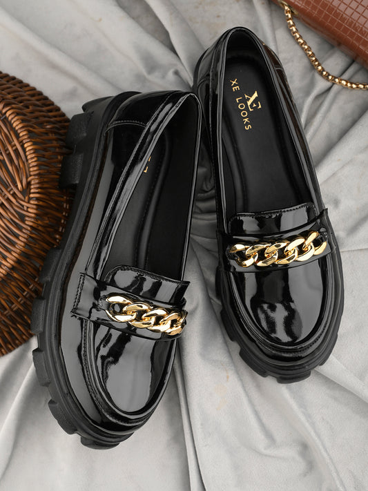 Glossy  Loafers with Chunky Sole and Gold Chain Accent