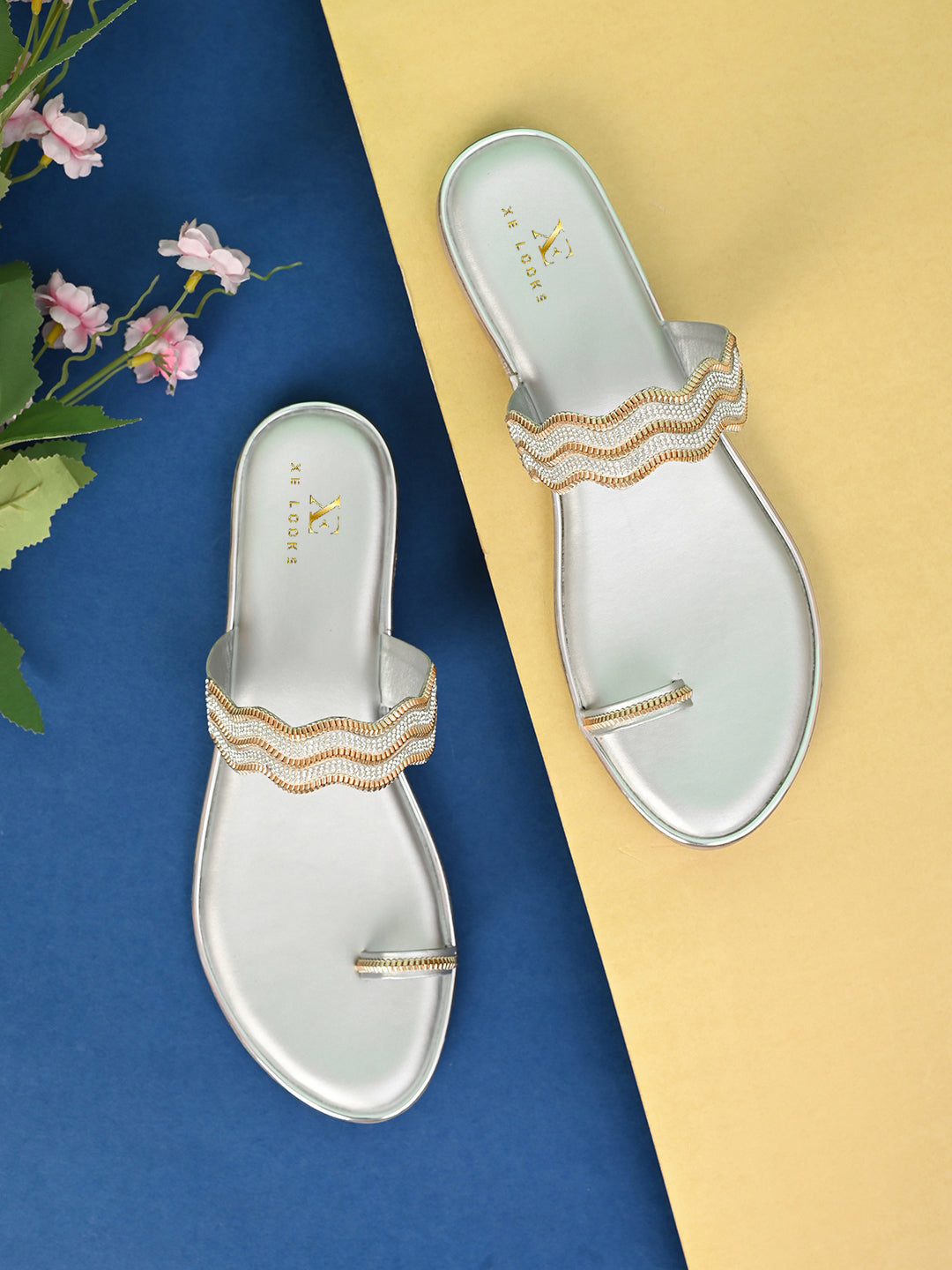 Stylish Ethnic Slip-On Flats with Sparkling Wavy Detailing