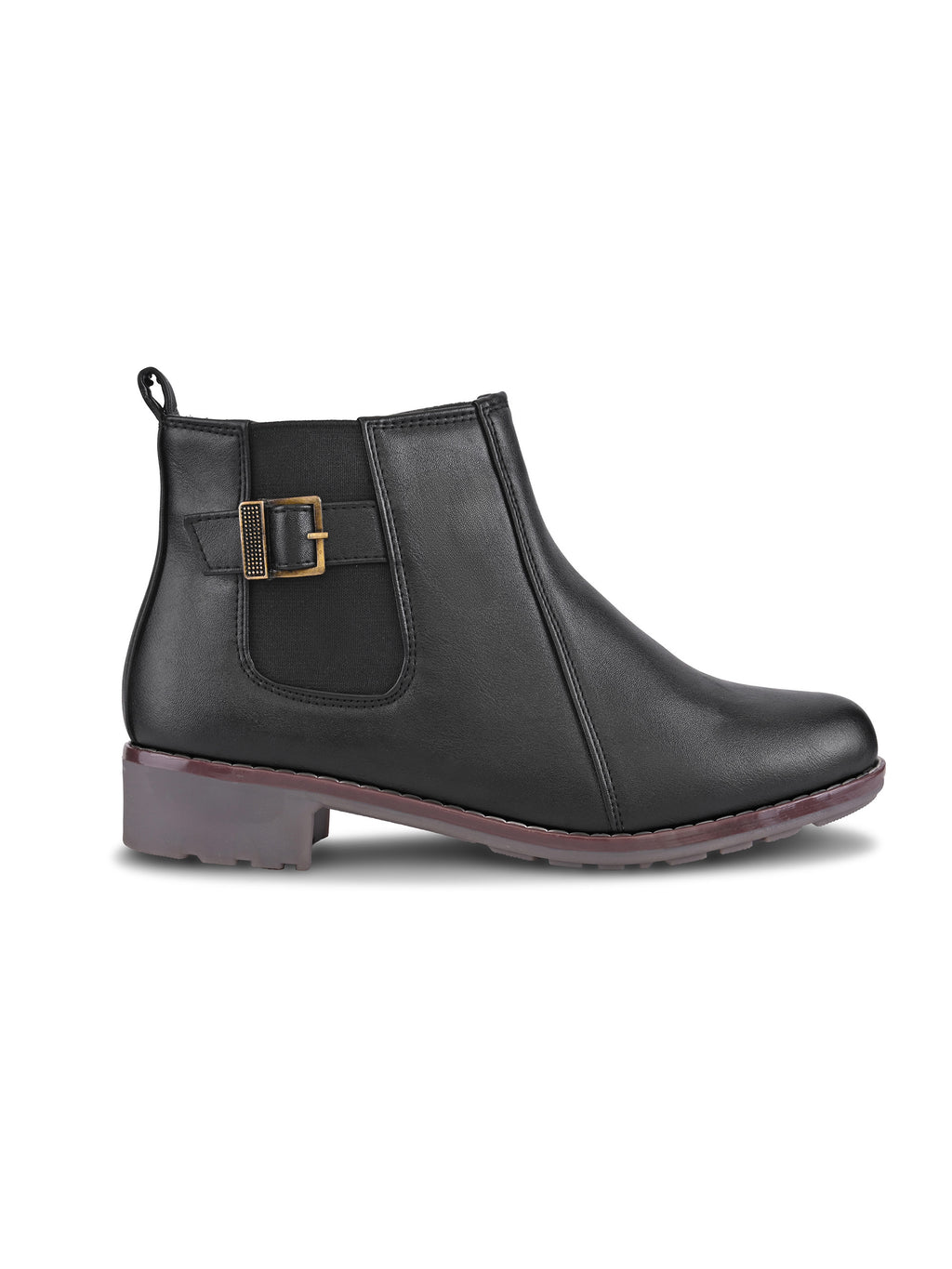 Buckle Accent Side Elastic Low Block Heel Ankle Boots
