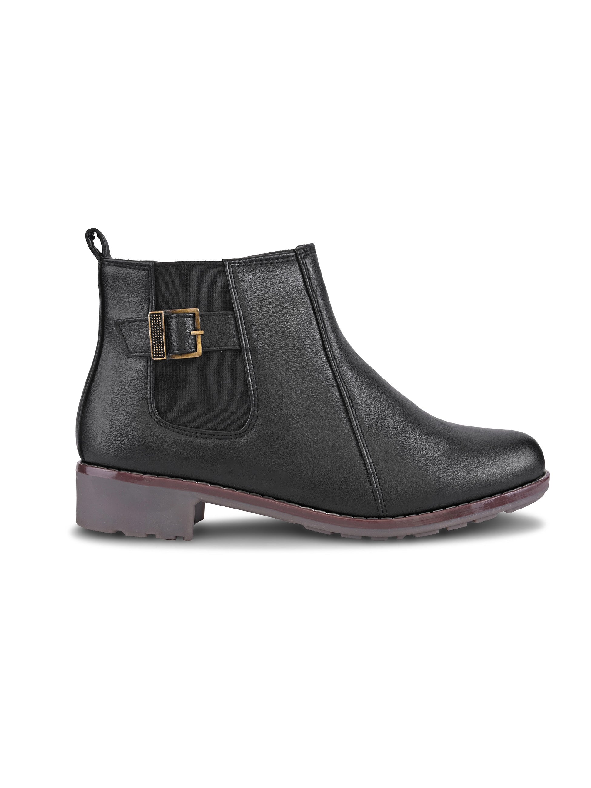 Buckle Accent Side Elastic Low Block Heel Ankle Boots