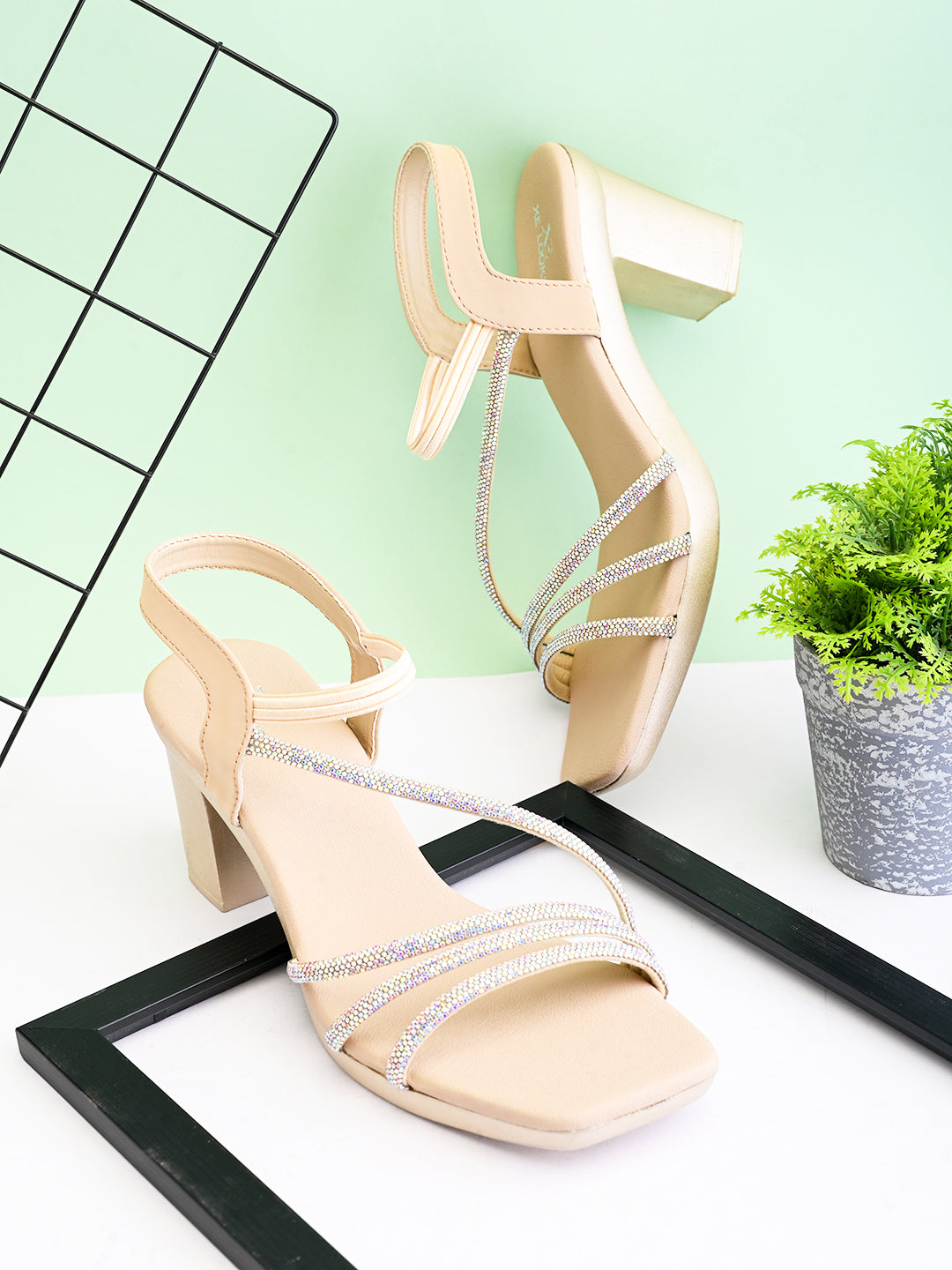Embellished Multi-Cross Strap Block Heel Sandals