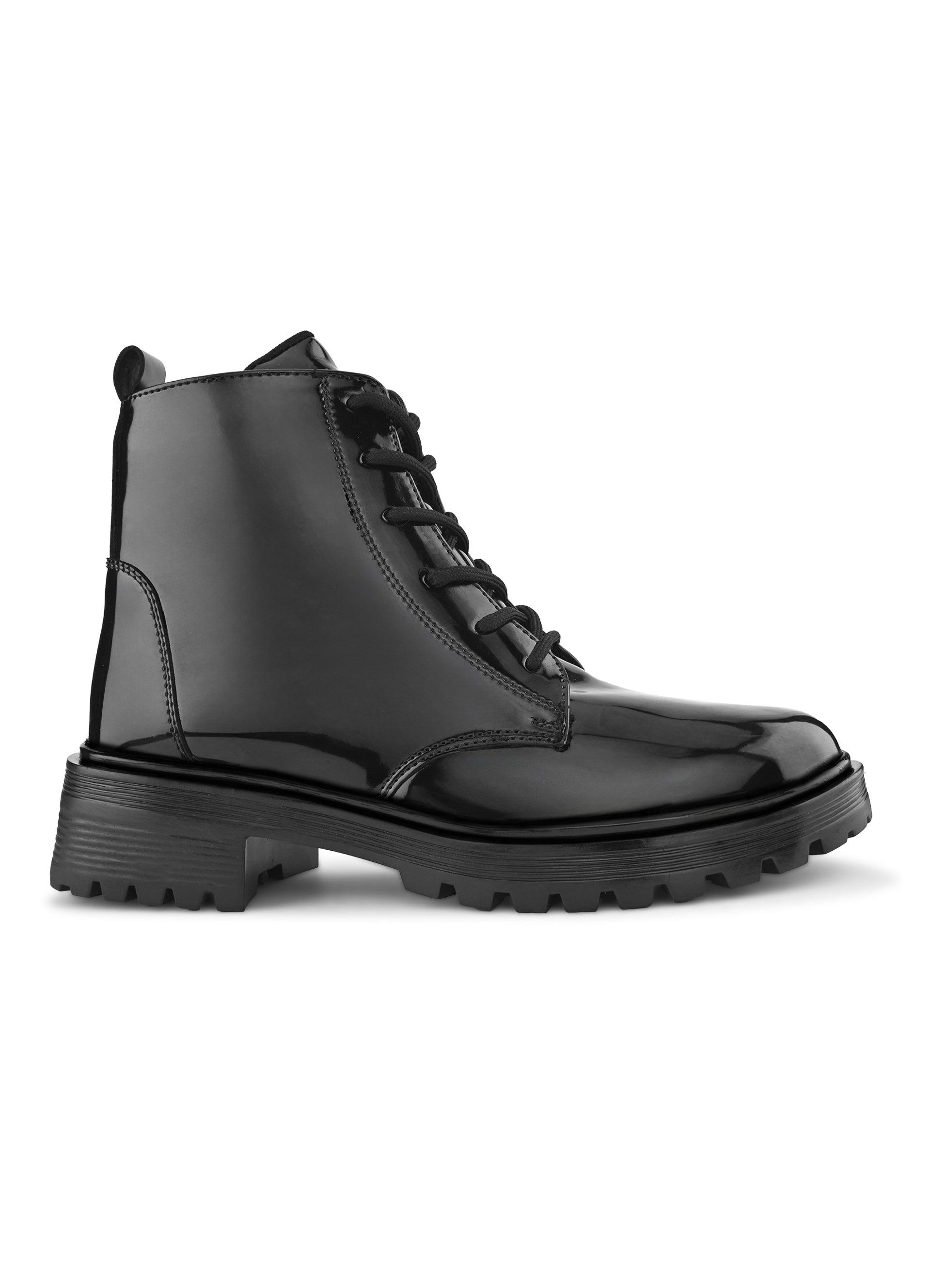 Glossy Lace-Up Side Zip Chunky Sole Ankle Boots