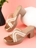Embellished Criss-Cross Beaded Design Slip-On Block Heel Sandals