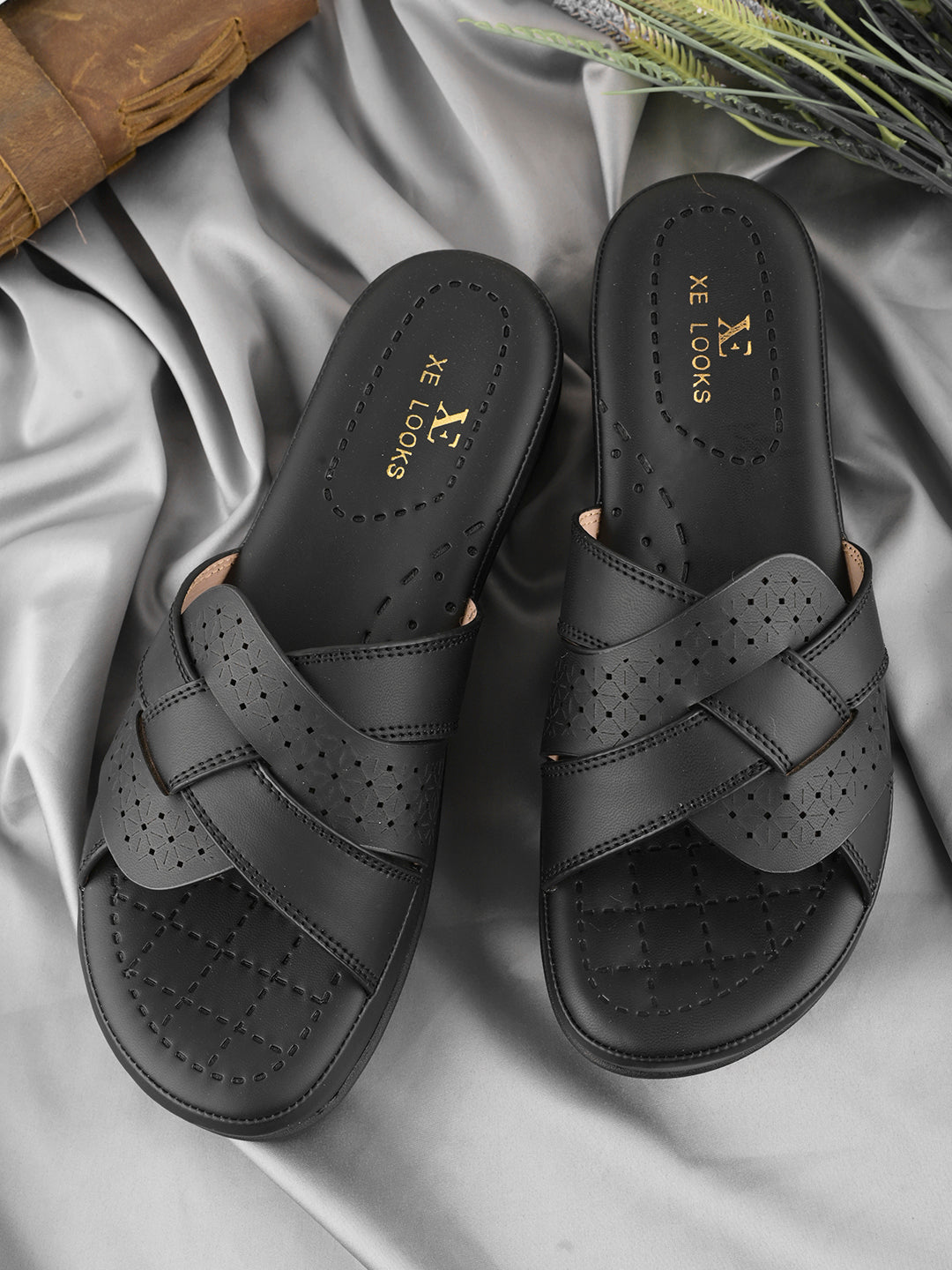 Elegant  Cross-Strap Slippers with Laser-Cut Detailing