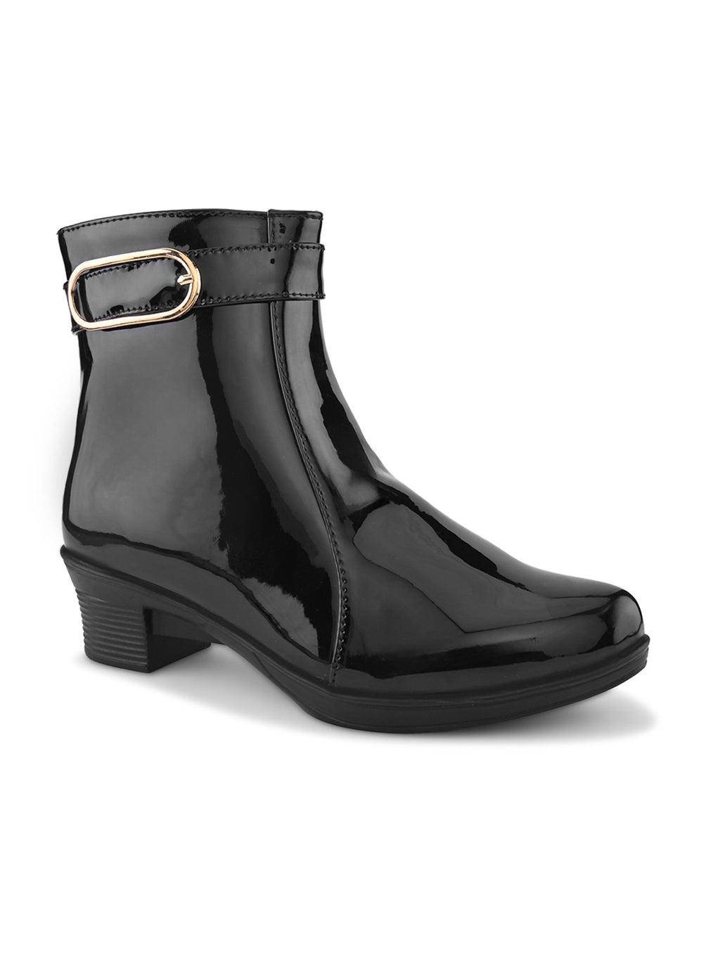 Glossy Buckle Accent Side Zip Block Heel Ankle Boots