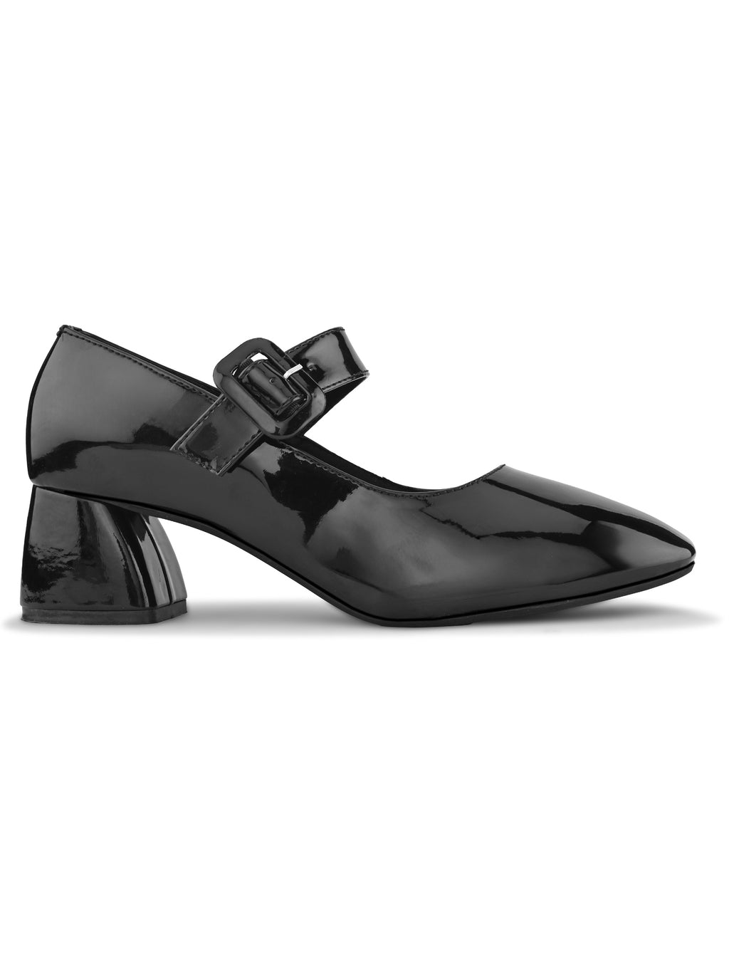 Glossy Patent-Finish Buckle Strap Block Heel Closed Toe Pumps
