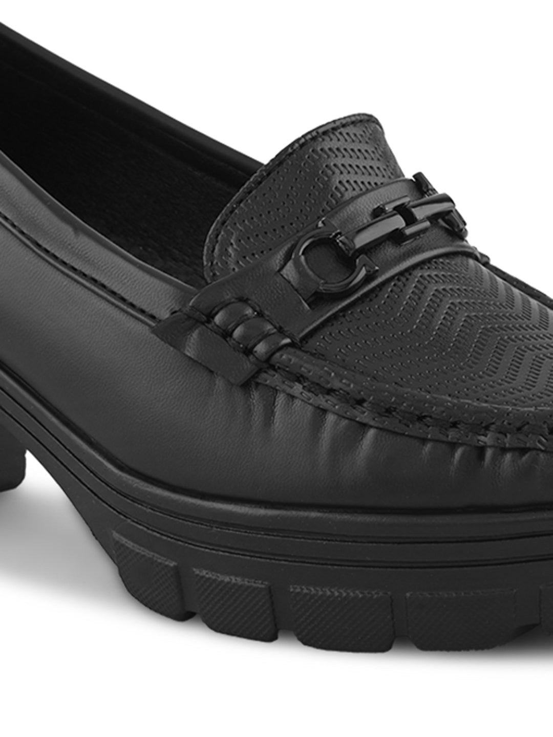 Textured Buckle Accent Chunky Platform Block Heel Loafers