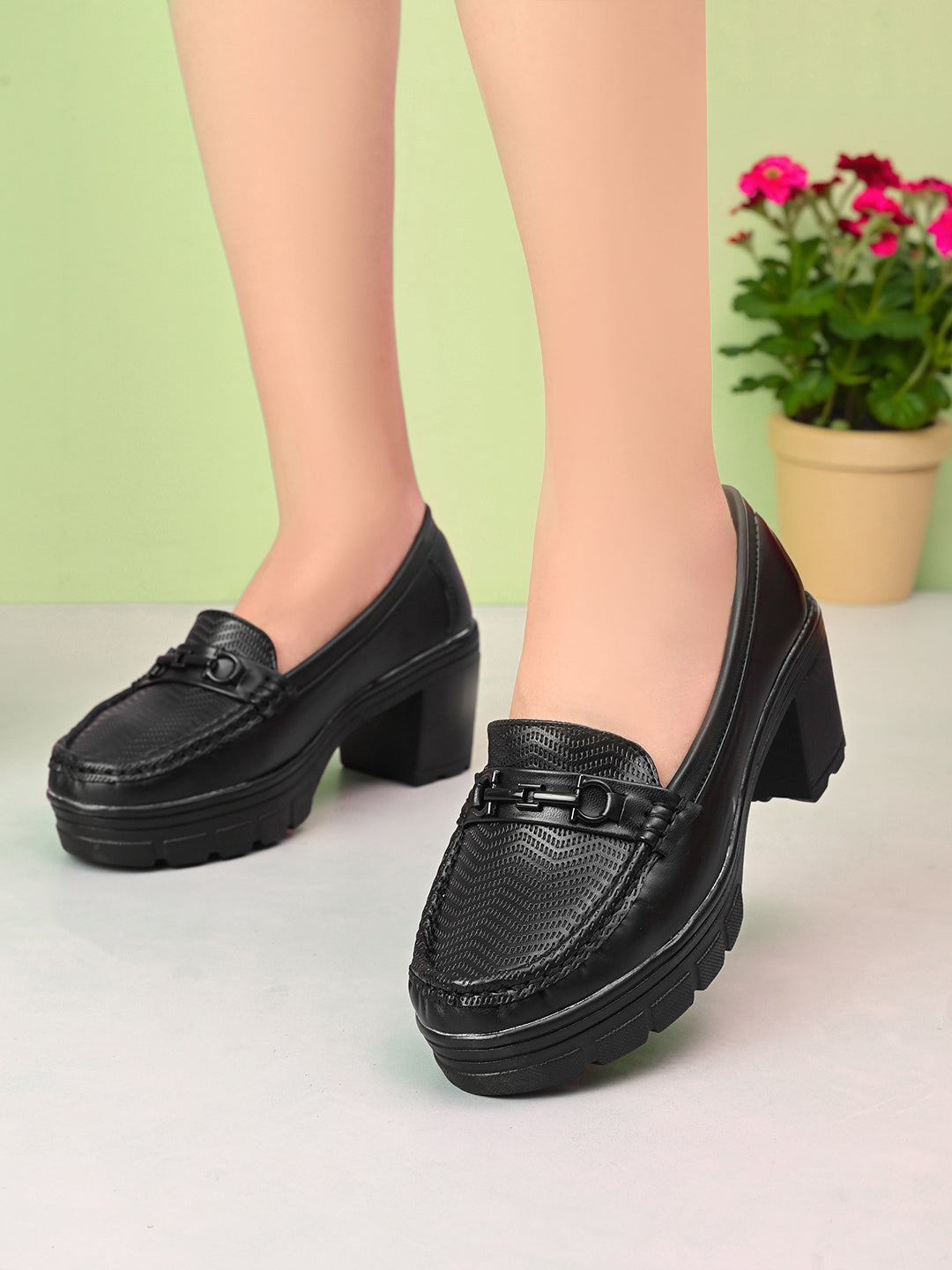 Textured Buckle Accent Chunky Platform Block Heel Loafers