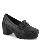 Textured Buckle Accent Chunky Platform Block Heel Loafers