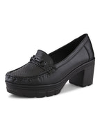 Textured Buckle Accent Chunky Platform Block Heel Loafers