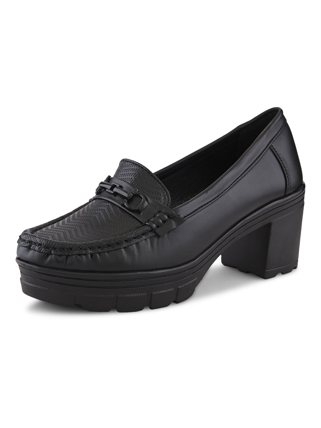 Textured Buckle Accent Chunky Platform Block Heel Loafers