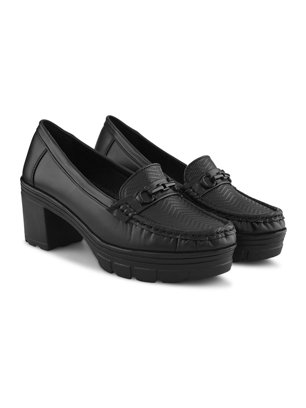 Textured Buckle Accent Chunky Platform Block Heel Loafers