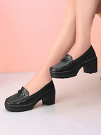 Textured Buckle Accent Chunky Platform Block Heel Loafers