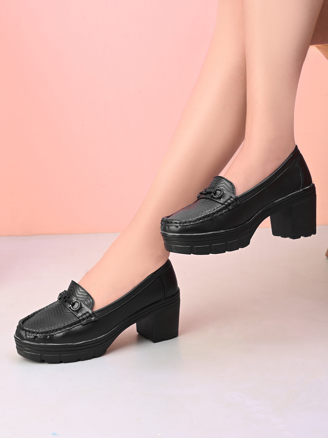 Textured Buckle Accent Chunky Platform Block Heel Loafers