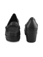 Textured Buckle Accent Chunky Platform Block Heel Loafers