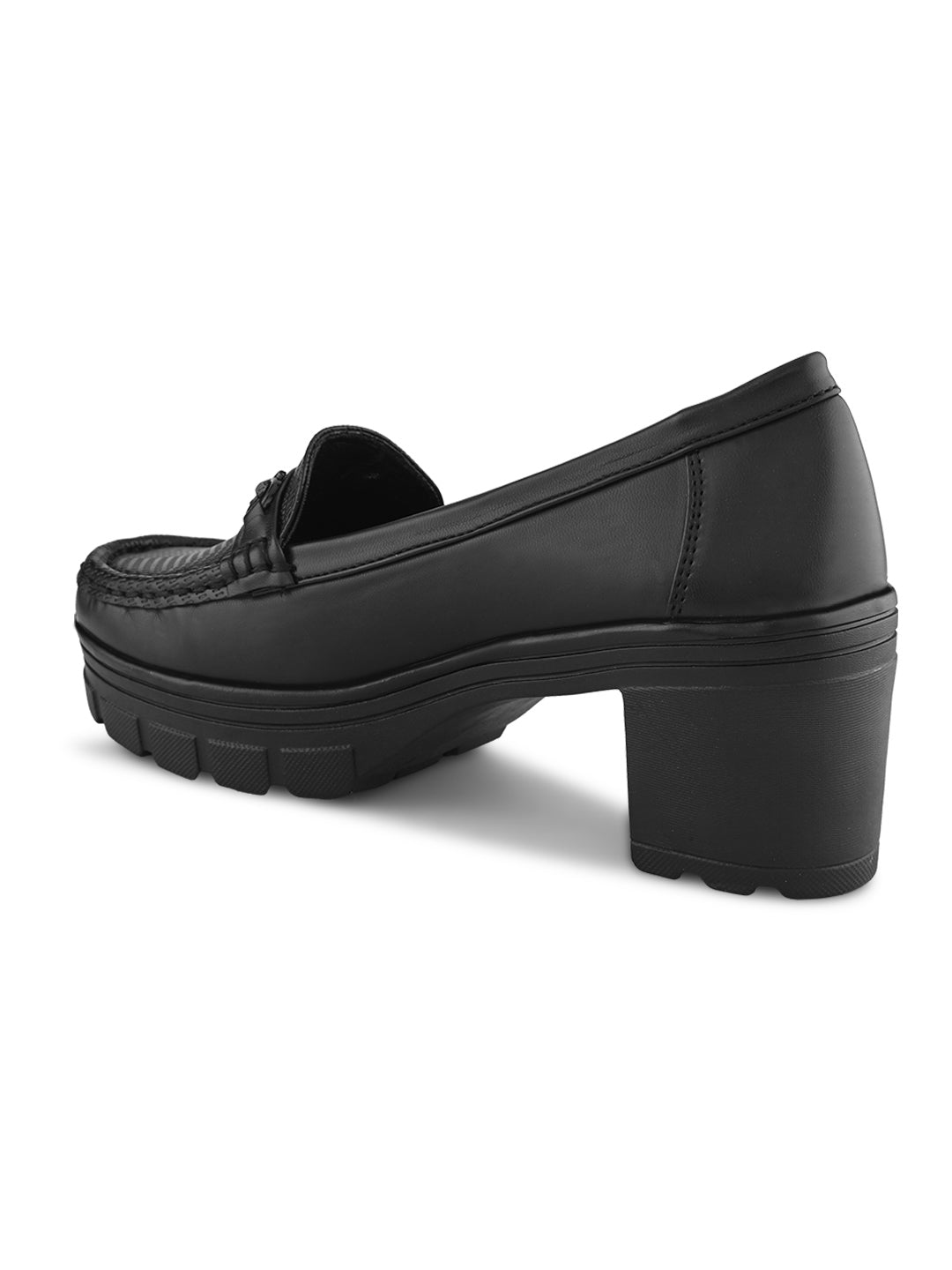 Textured Buckle Accent Chunky Platform Block Heel Loafers