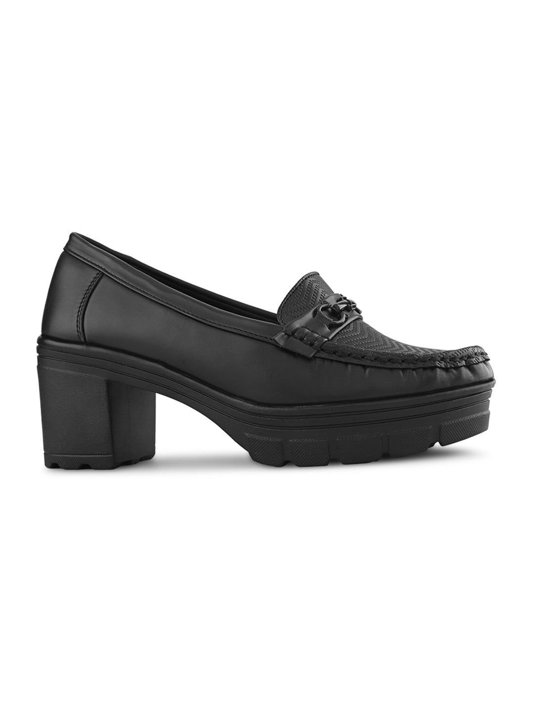 Textured Buckle Accent Chunky Platform Block Heel Loafers