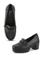 Textured Buckle Accent Chunky Platform Block Heel Loafers