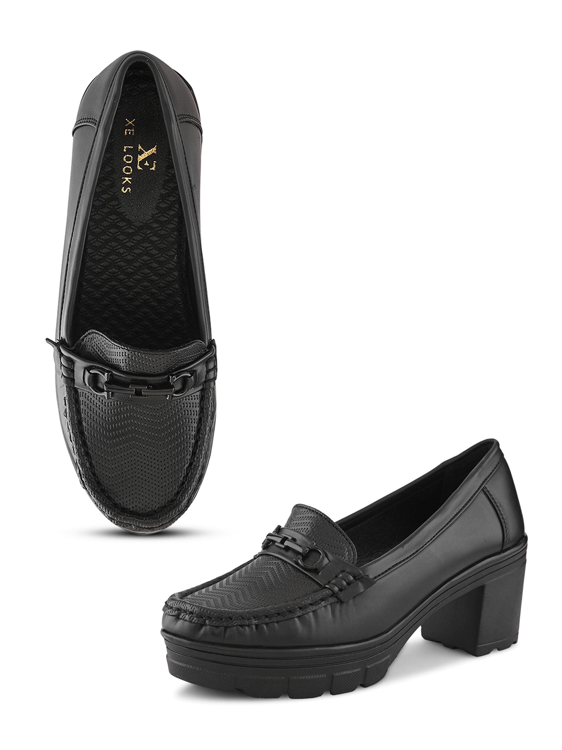 Textured Buckle Accent Chunky Platform Block Heel Loafers