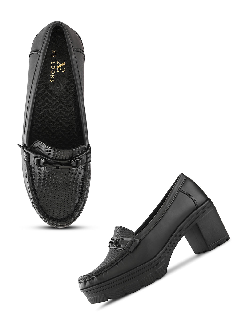 Textured Buckle Accent Chunky Platform Block Heel Loafers