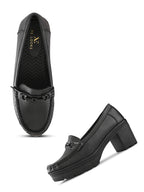 Textured Buckle Accent Chunky Platform Block Heel Loafers