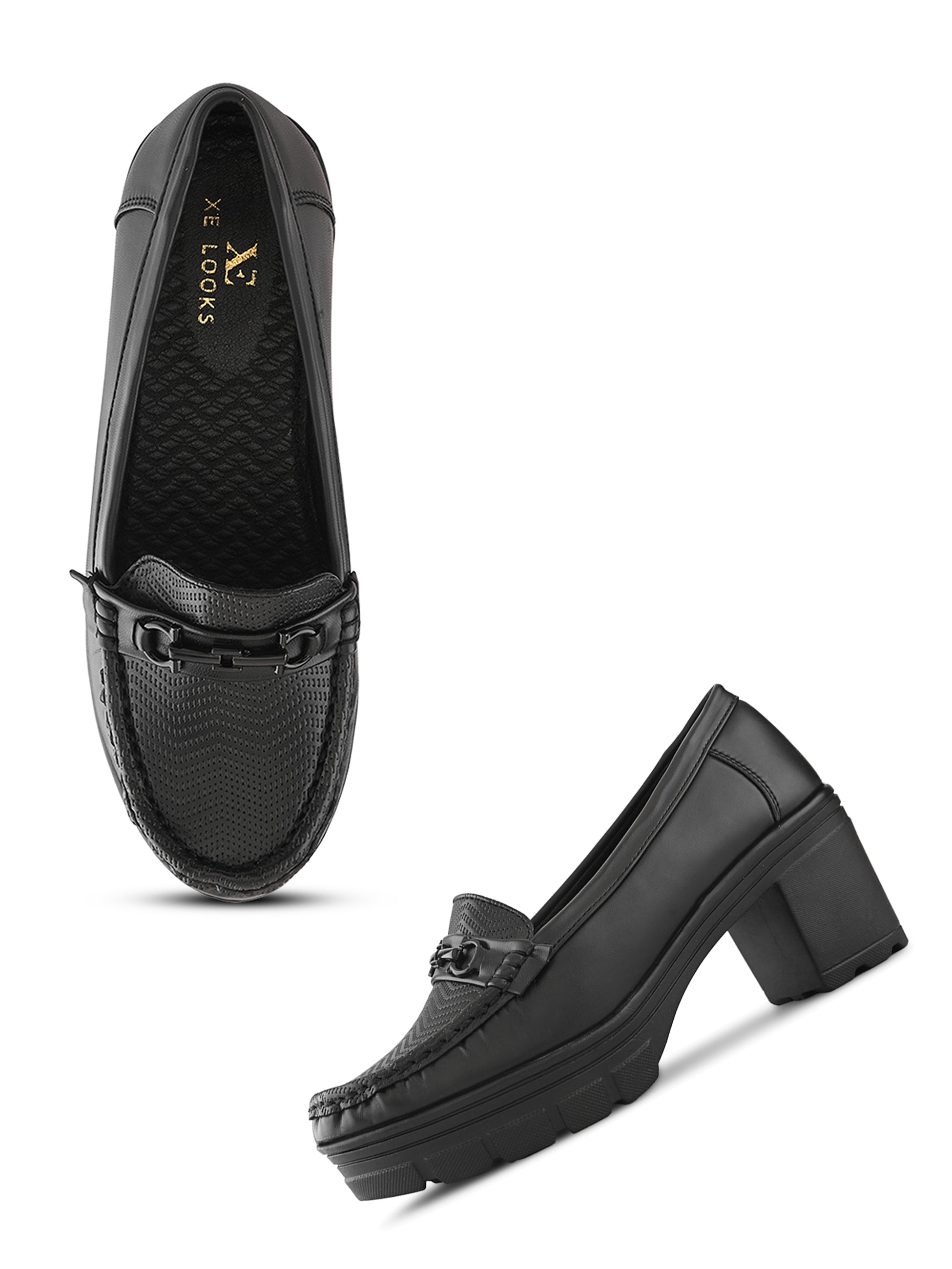 Textured Buckle Accent Chunky Platform Block Heel Loafers