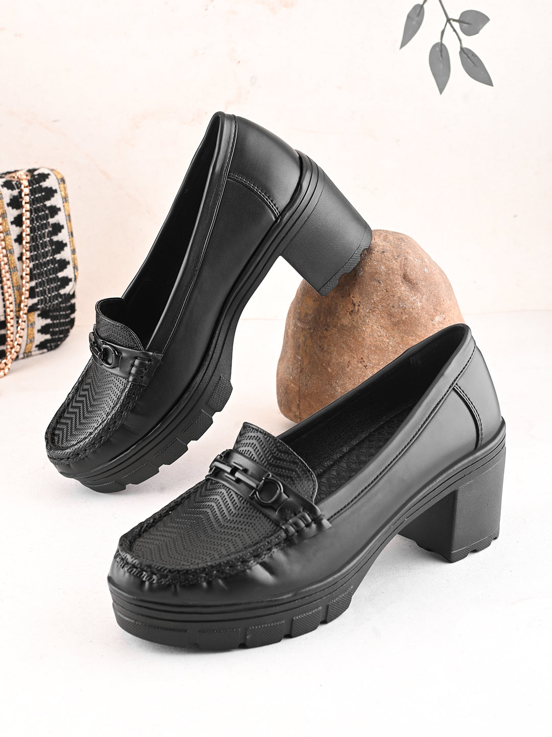 Textured Buckle Accent Chunky Platform Block Heel Loafers
