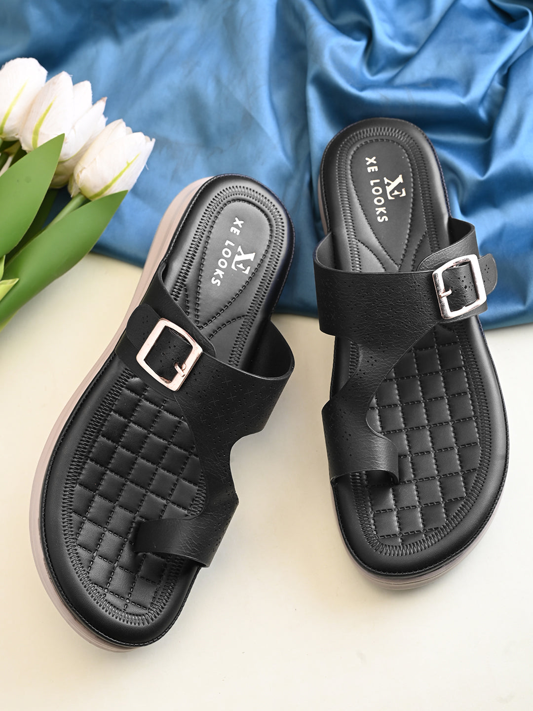 Perforated Buckle Accent Cushioned Comfort Platform Sandals