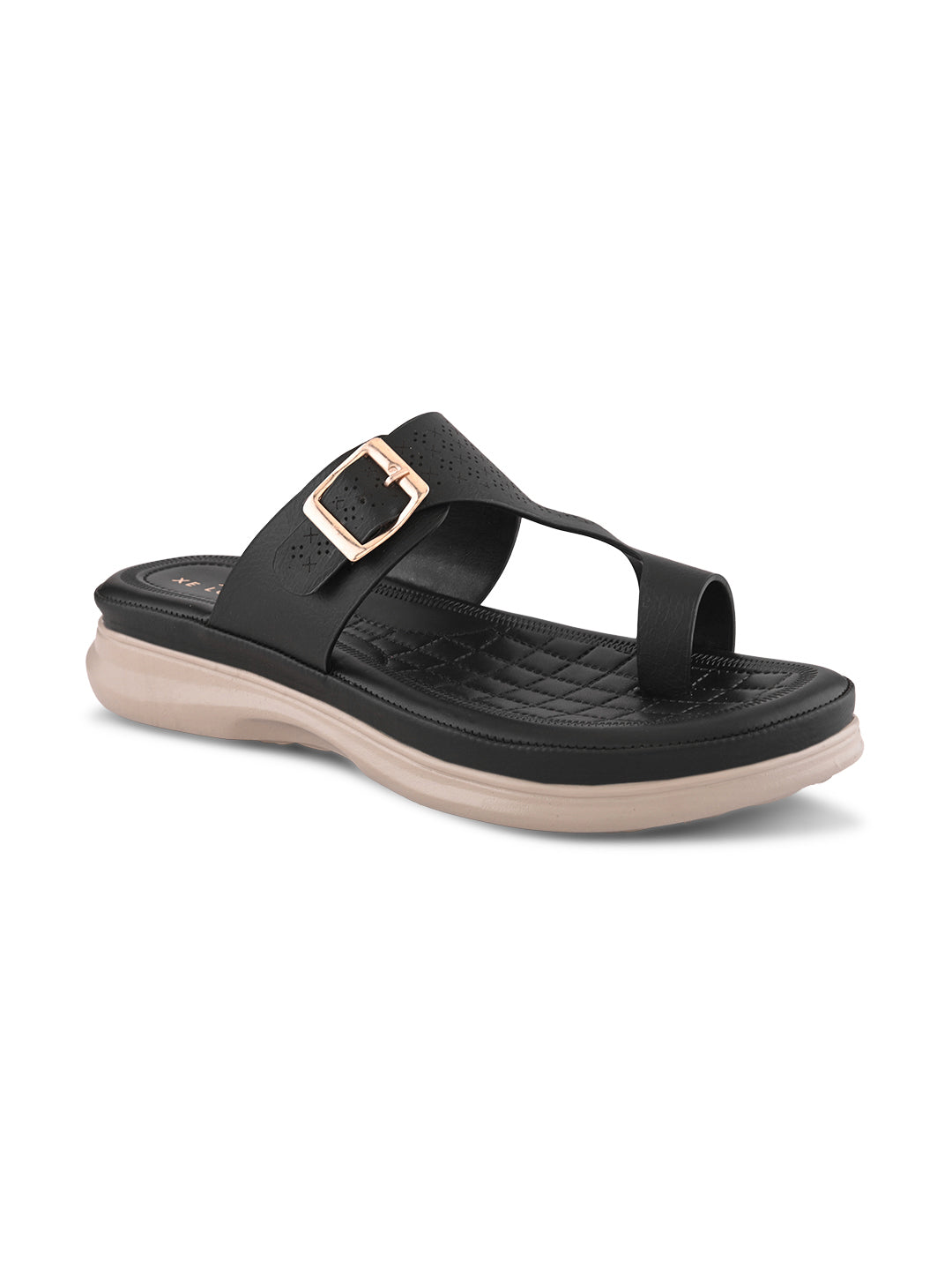 Perforated Buckle Accent Cushioned Comfort Flat Slippers