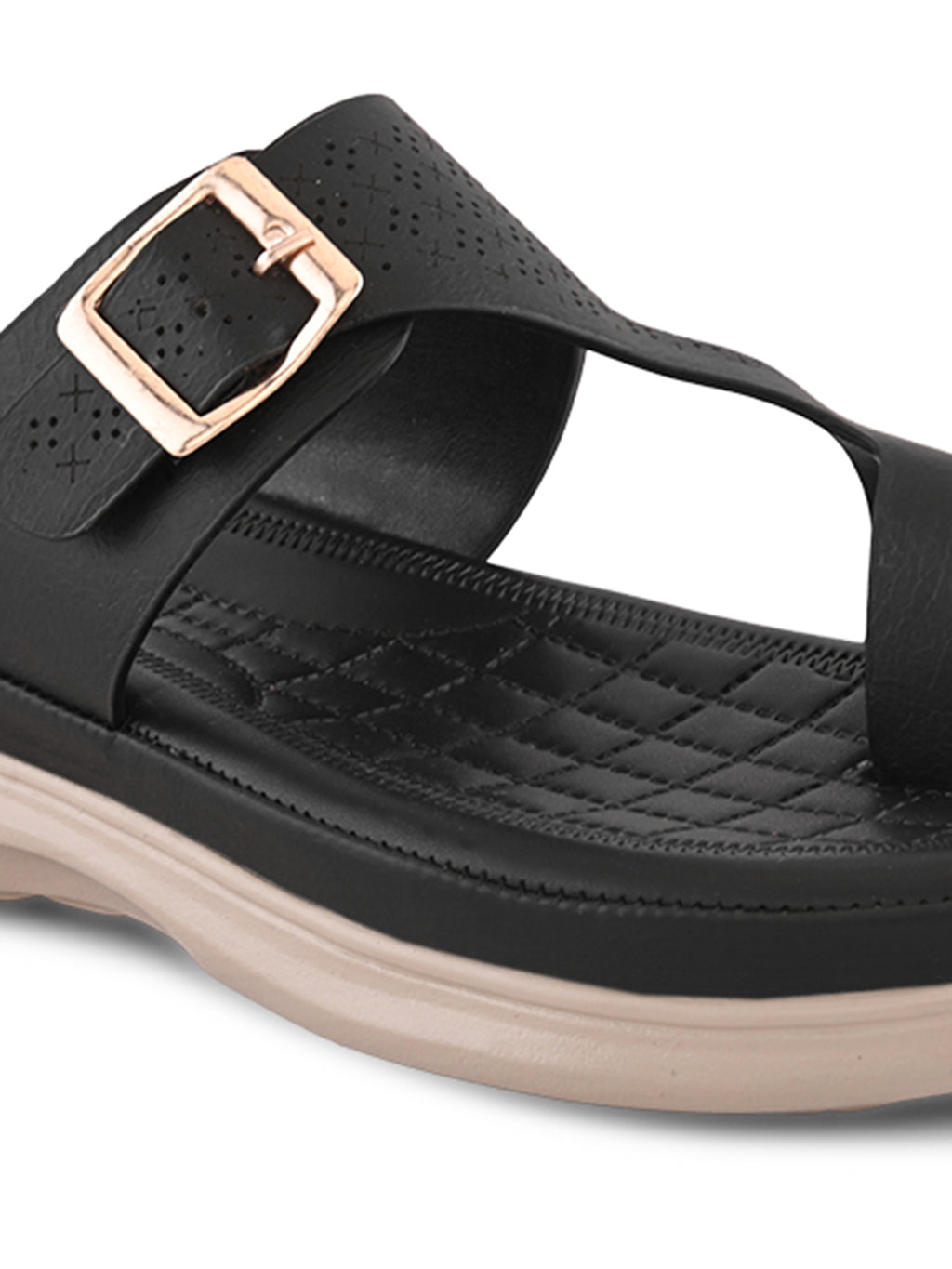 Perforated Buckle Accent Cushioned Comfort Flat Slippers