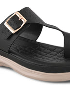 Perforated Buckle Accent Cushioned Comfort Flat Slippers